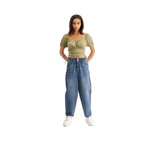 And Now This Women's Green Ruched Crop‎ Top Puff Sleeves Size M